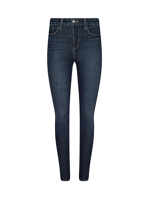 The Marguerite Skinny Jean by L'AGENCE is a dark blue, high rise skinny jean in stretch denim with button and zip closure, five pockets, and subtle thigh fading, shown laid flat on a white background.