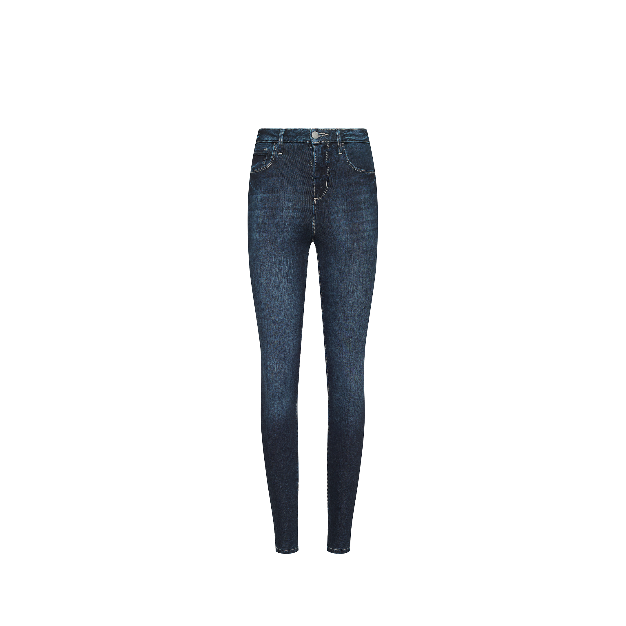Marguerite Skinny Jean in a high-rise dark wash with a button fly, front pockets, and a stretchy denim fit.