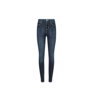 Marguerite Skinny Jean in a high-rise dark wash with a button fly, front pockets, and a stretchy denim fit.