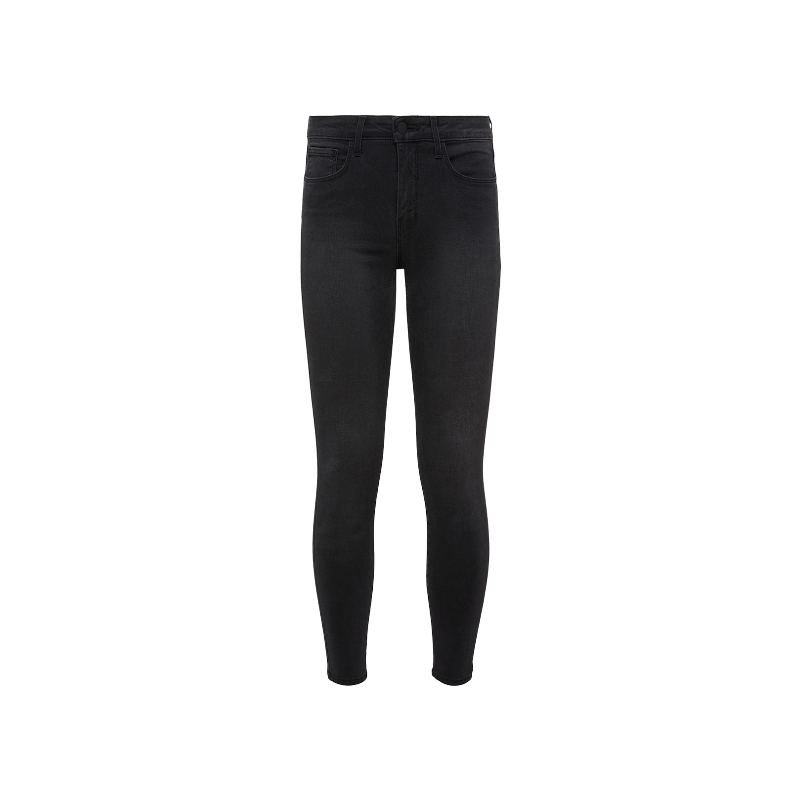 A pair of Marguerite Skinny Jeans in charcoal black, showcased on a plain white background. Crafted from high-recovery fabric, these jeans feature a high waist, standard pockets, and a fitted silhouette.