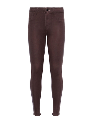 The L'AGENCE Marguerite Coated Skinny Jean is a high-waisted, skinny-fit chocolate brown jean with front and back pockets, belt loops, and button-zip closure, shown against a white background.