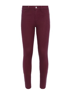 The Marguerite Coated Skinny Jean by L'AGENCE in maroon features button and zip closure, front and back pockets, and is displayed against a plain white background.