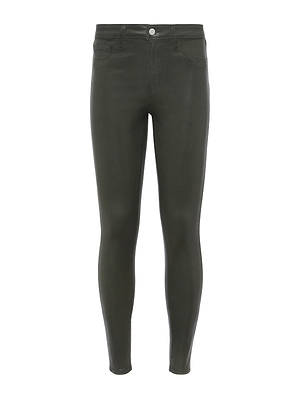 The Marguerite Coated Skinny Jean by L'AGENCE features a high-rise fit in olive green coated denim with front and back pockets, belt loops, and button closure, shown against a white background.