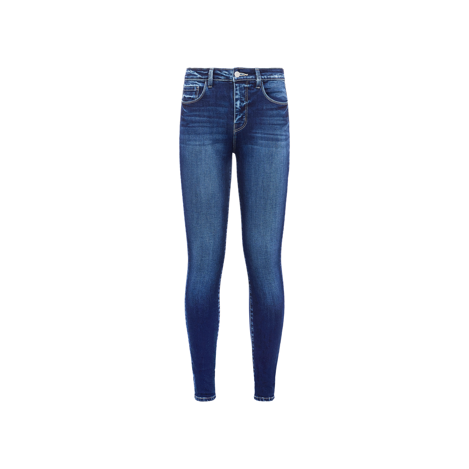 The Marguerite Skinny Jean, crafted from premium stretch denim in a blue high-rise silhouette, features a button and zip closure, front and back pockets, and subtle fading on the thighs. It is displayed against a plain white background.