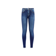 The Marguerite Skinny Jean is a pair of blue high-rise skinny jeans crafted from premium stretch denim, featuring a high waist, front zipper, button closure, and front and back pockets, displayed on a plain white background.