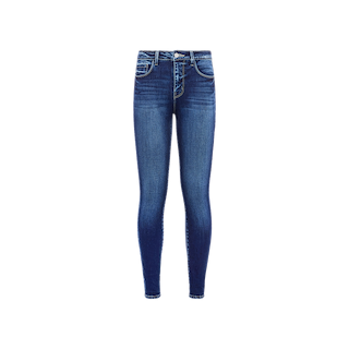The Marguerite Skinny Jean, crafted from premium stretch denim in a blue high-rise silhouette, features a button and zip closure, front and back pockets, and subtle fading on the thighs. It is displayed against a plain white background.