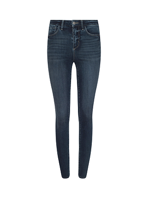 The L'AGENCE Marguerite Skinny Jean is a dark blue, high-rise style in super stretch denim with a classic five-pocket design and subtle thigh fading, shown on a white background.