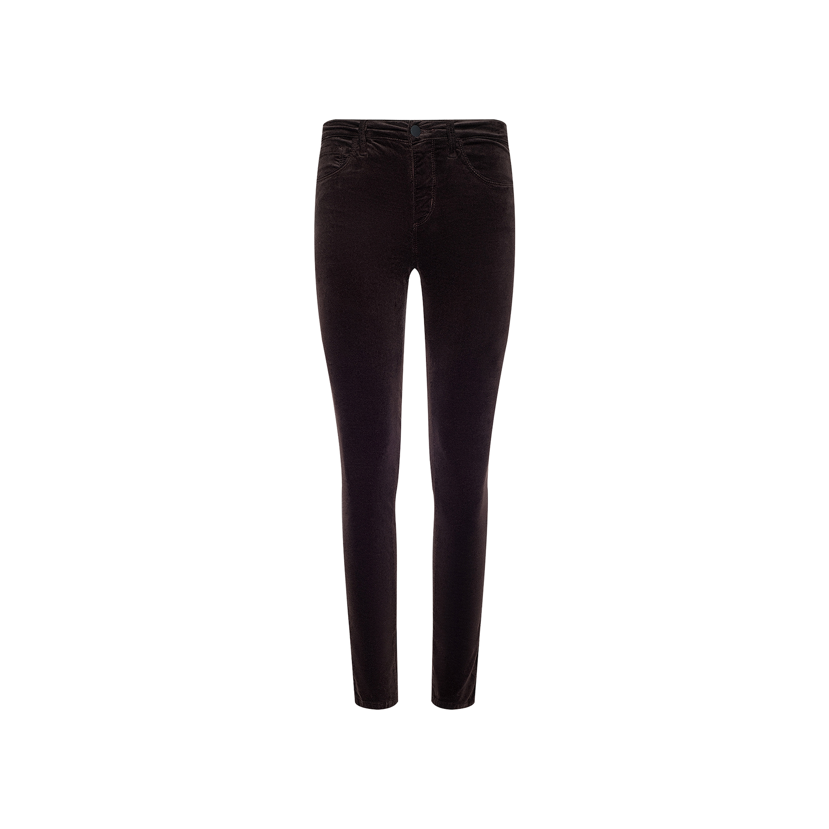 The Marguerite Velvet Skinny Jean is displayed against a plain white background, showcasing the front view with visible waistband, button, pockets, and seams; these high rise skinny jeans are crafted from stretch velvet for a sleek yet comfortable fit.