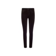 Introducing the Marguerite Velvet Skinny Jean—black, slim-fit velvet pants with a high rise and a classic five-pocket design. Featuring both button and zipper closure, these stylish skinny jeans are displayed on a white background and provide a modern, flattering silhouette.