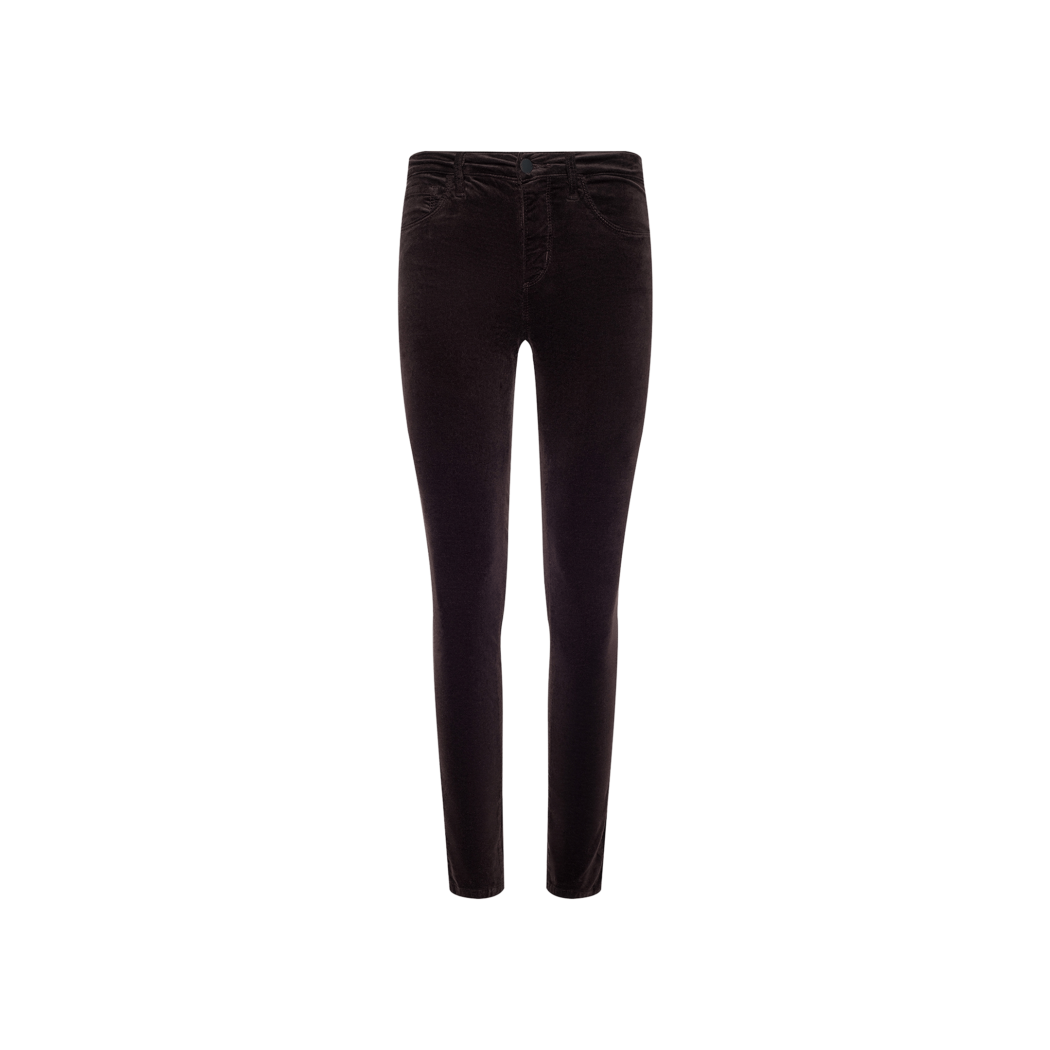 Introducing the Marguerite Velvet Skinny Jean—black, slim-fit velvet pants with a high rise and a classic five-pocket design. Featuring both button and zipper closure, these stylish skinny jeans are displayed on a white background and provide a modern, flattering silhouette.