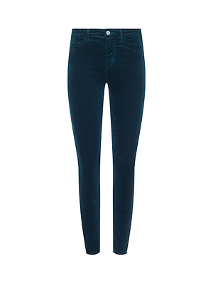 The Marguerite Velvet Skinny Jean by L'AGENCE features dark teal velvet, skinny fit, button and zip closure, and front and back pockets, shown against a plain white background.