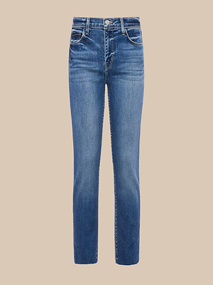 The Sada Slim-Leg Cropped Jean features classic blue premium stretch denim, slim straight leg, front and back pockets, and button-zip closure, displayed against a beige background.