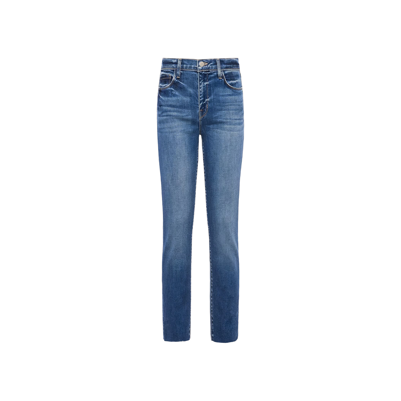 The Sada Slim-Leg Cropped Jean is a classic blue premium stretch denim with a high waist and slim straight leg, featuring front and back pockets, displayed on a white background.
