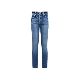 The Sada Slim-Leg Cropped Jean is a classic blue premium stretch denim with a high waist and slim straight leg, featuring front and back pockets, displayed on a white background.