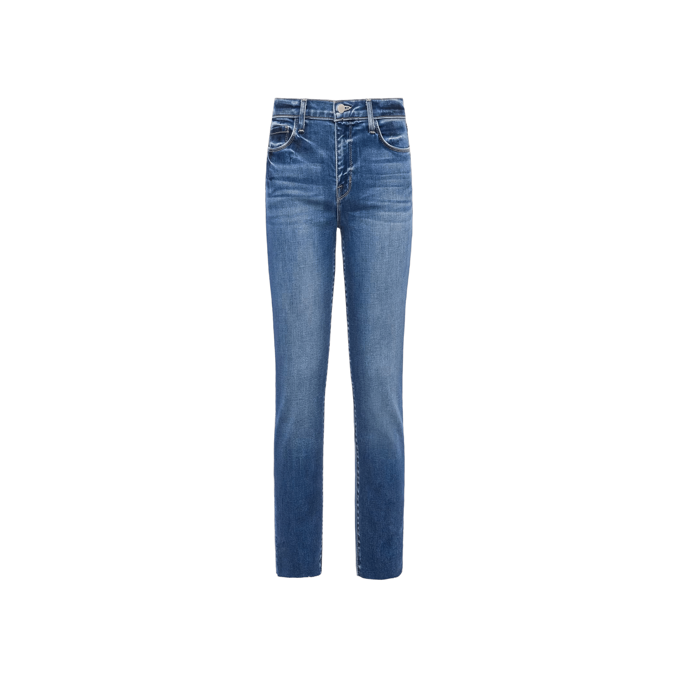 The Sada Slim-Leg Cropped Jean features a classic five-pocket design, button and zip closure, and a slim straight leg cut crafted from premium stretch denim in blue, shown against a plain white background.