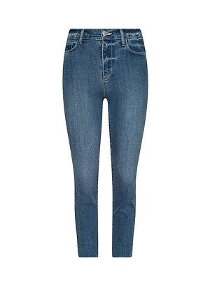 The Sada Cropped Slim-Leg Jean is a pair of blue stretch denim skinny jeans with a button and zip closure, front and back pockets, subtle thigh fading, and a cropped length, shown against a white background.
