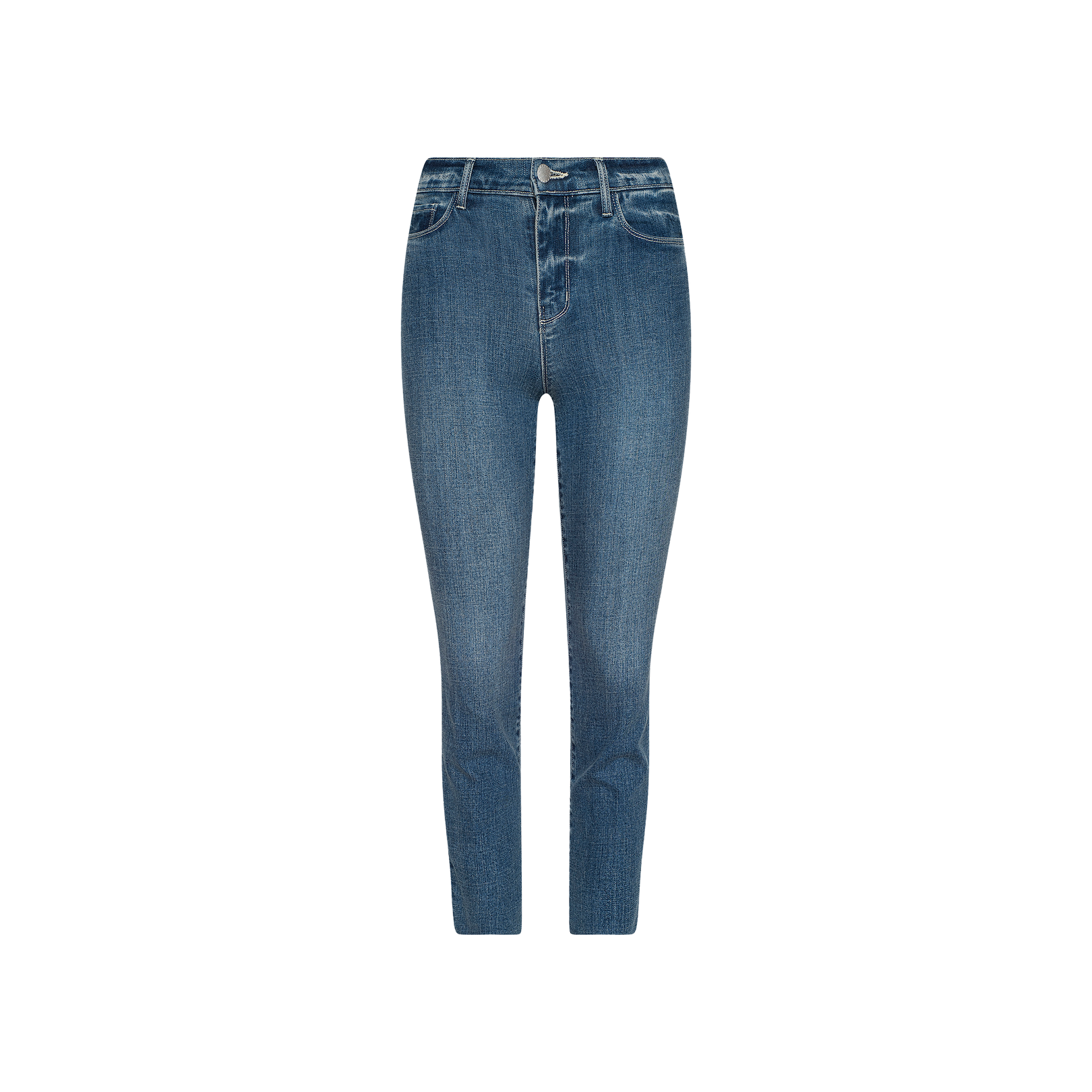 The Sada Cropped Slim-Leg Jean in blue denim features a classic five-pocket design with a front button and zipper closure, shown against a plain white background. This cropped silhouette is finished with an on-trend raw hem for added style.