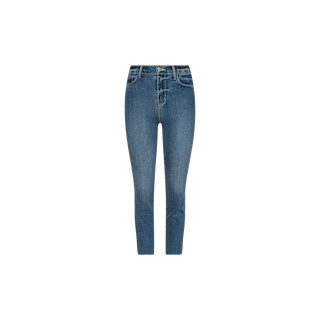 The Sada Cropped Slim-Leg Jean in blue denim features a classic five-pocket design with a front button and zipper closure, shown against a plain white background. This cropped silhouette is finished with an on-trend raw hem for added style.