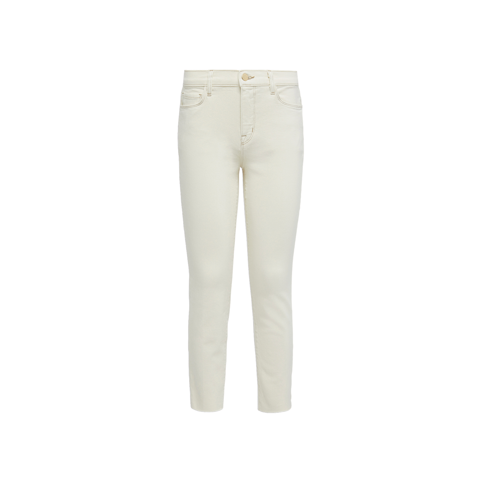 The Sada Slim-Leg Cropped Jean, a pair of high-waisted, off-white skinny jeans crafted from premium stretch denim, is displayed on a plain white background. These jeans feature front and back pockets, belt loops, a button closure, and offer a slim straight leg silhouette for versatile styling.