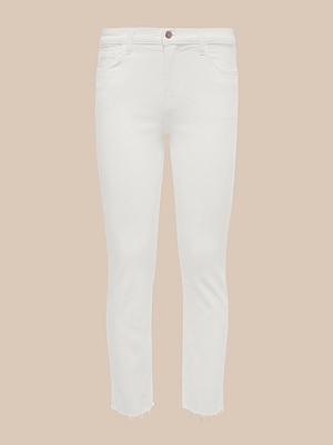 The Sada Slim-Leg Cropped Jean features a white high-rise, skinny fit, five pockets, stretch denim, button closure, and raw unfinished hems at the ankles, shown against a beige background.
