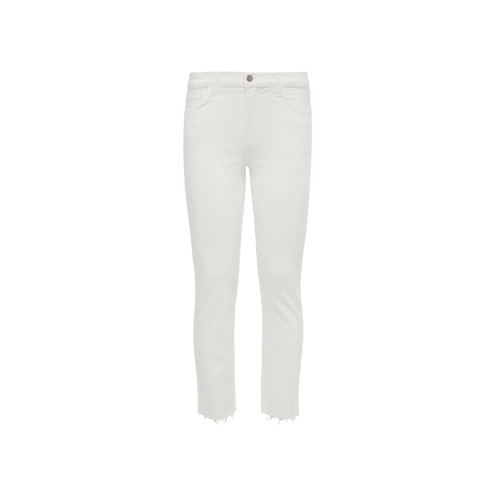 Sada Slim-Leg Cropped Jean in white boasts a slim, high-rise silhouette with a button closure, front and back pockets, and frayed hems at the ankles. Made from stretch denim for extra comfort, these cropped jeans are showcased against a plain white background.