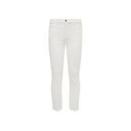 Sada Slim-Leg Cropped Jean featuring white stretch denim fabric, a slim fit, high-rise waist, five-pocket style, button closure, and raw-edge hems, displayed on a plain white background.
