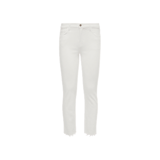 Sada Slim-Leg Cropped Jean in white boasts a slim, high-rise silhouette with a button closure, front and back pockets, and frayed hems at the ankles. Made from stretch denim for extra comfort, these cropped jeans are showcased against a plain white background.