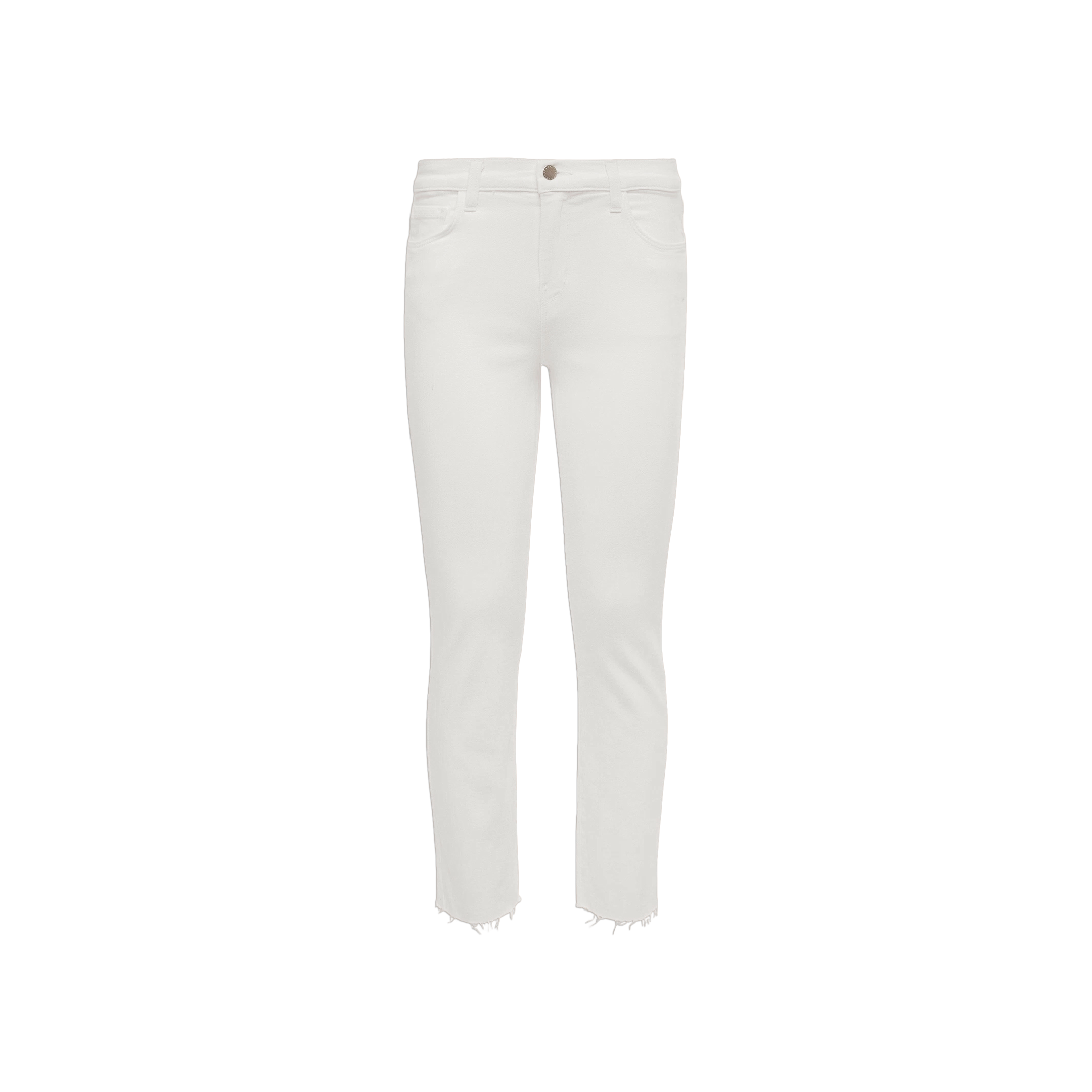 Sada Slim-Leg Cropped Jean featuring white stretch denim fabric, a slim fit, high-rise waist, five-pocket style, button closure, and raw-edge hems, displayed on a plain white background.