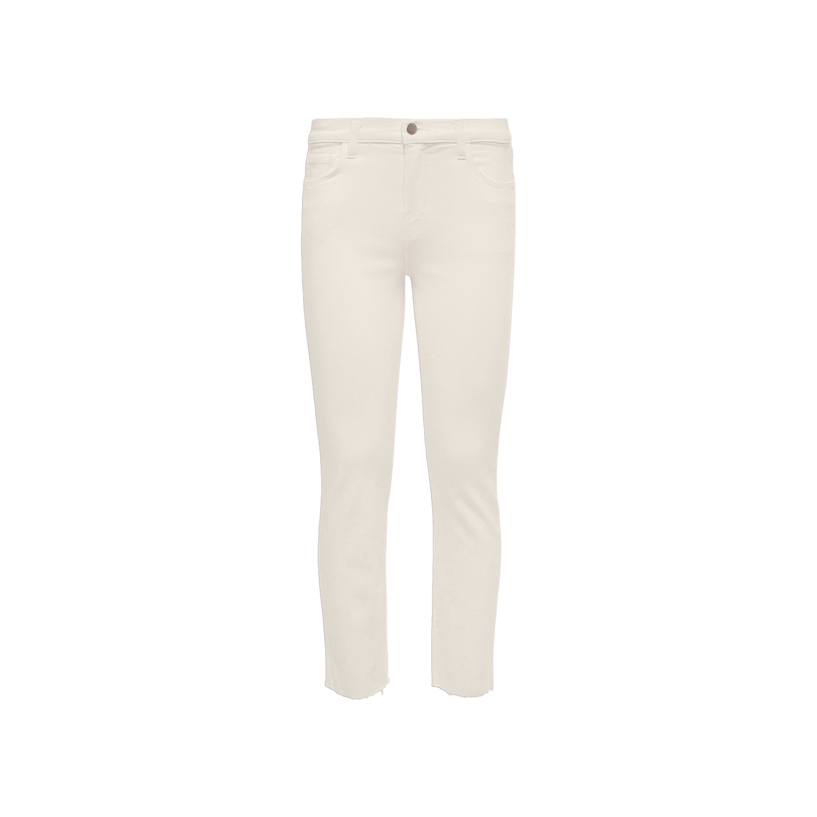 Sada Slim-Leg Cropped Jean in white, crafted from premium stretch denim with a high-rise fit, features a button and zip closure, front and back pockets, and slightly frayed hems. Displayed on a plain white background.