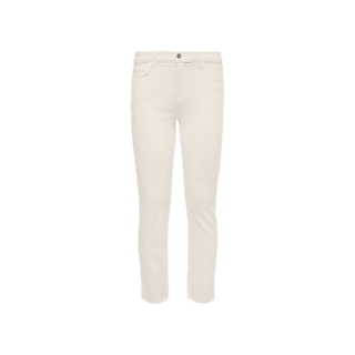 Sada Slim-Leg Cropped Jean in white, crafted from premium stretch denim with a high-rise fit, features a button and zip closure, front and back pockets, and slightly frayed hems. Displayed on a plain white background.