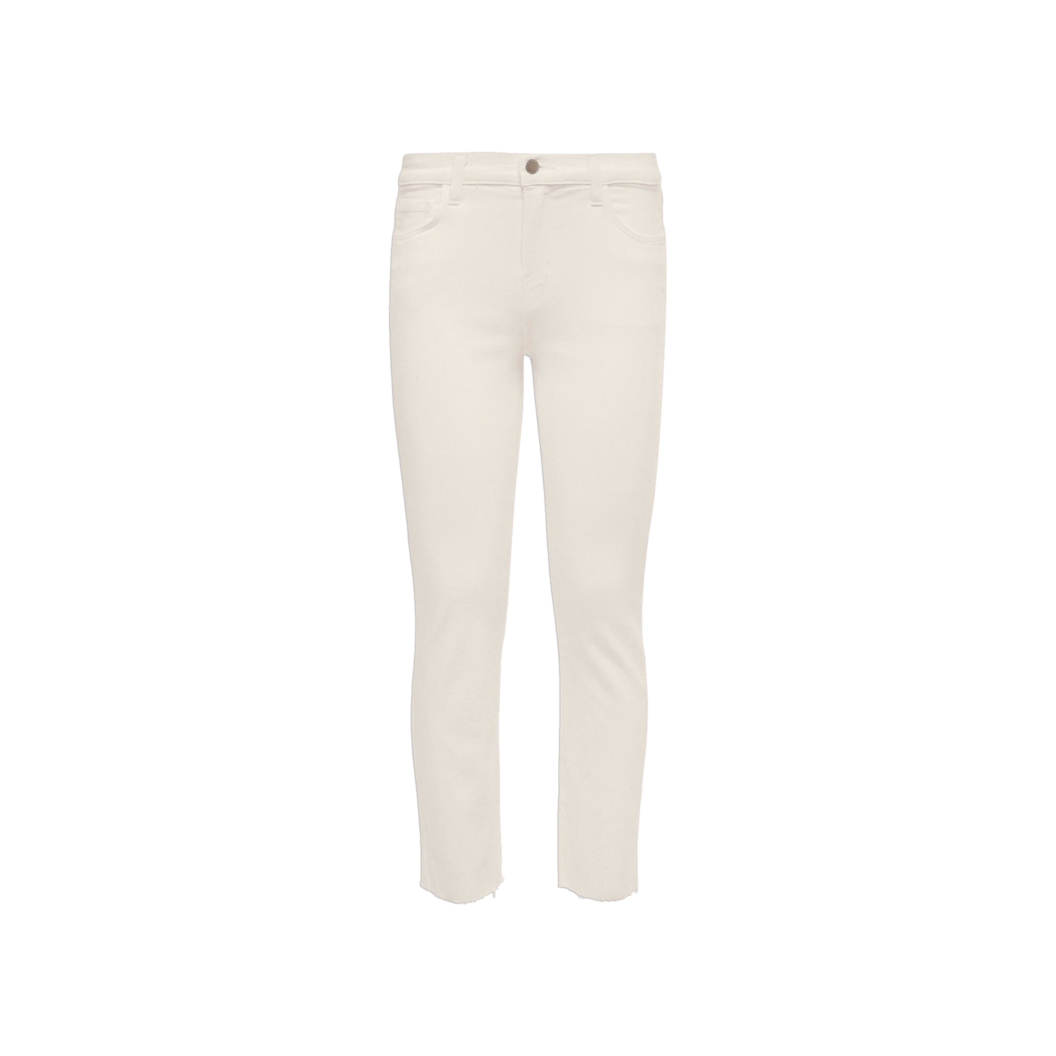 Introducing the Sada Slim-Leg Cropped Jean: Featuring a flattering high-rise fit, these white denim jeans are crafted from stretch denim and designed with a classic five-pocket style, button closure, and raw hems at the ankles.