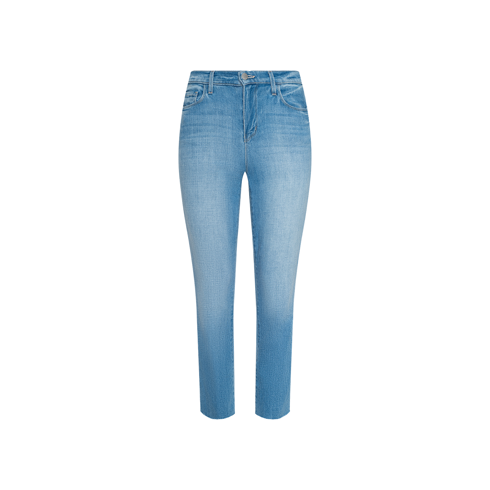 The Sada Cropped Slim-Leg Jean features a light blue, high-waisted design with a slim-leg silhouette and classic light wash, shown against a plain white background.