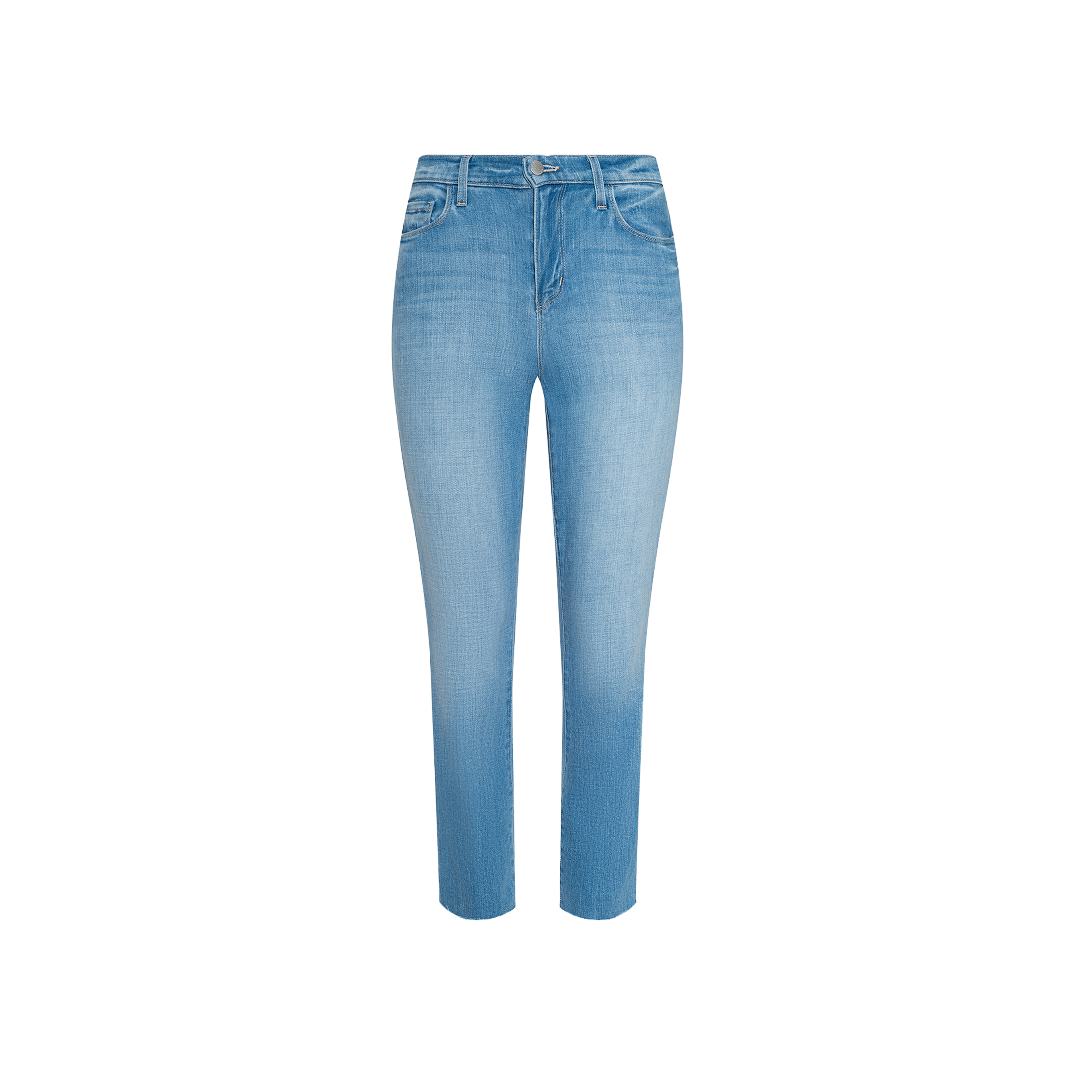 The Sada Cropped Slim-Leg Jean features a light blue, high-waisted design with a slim-leg silhouette and classic light wash, shown against a plain white background.