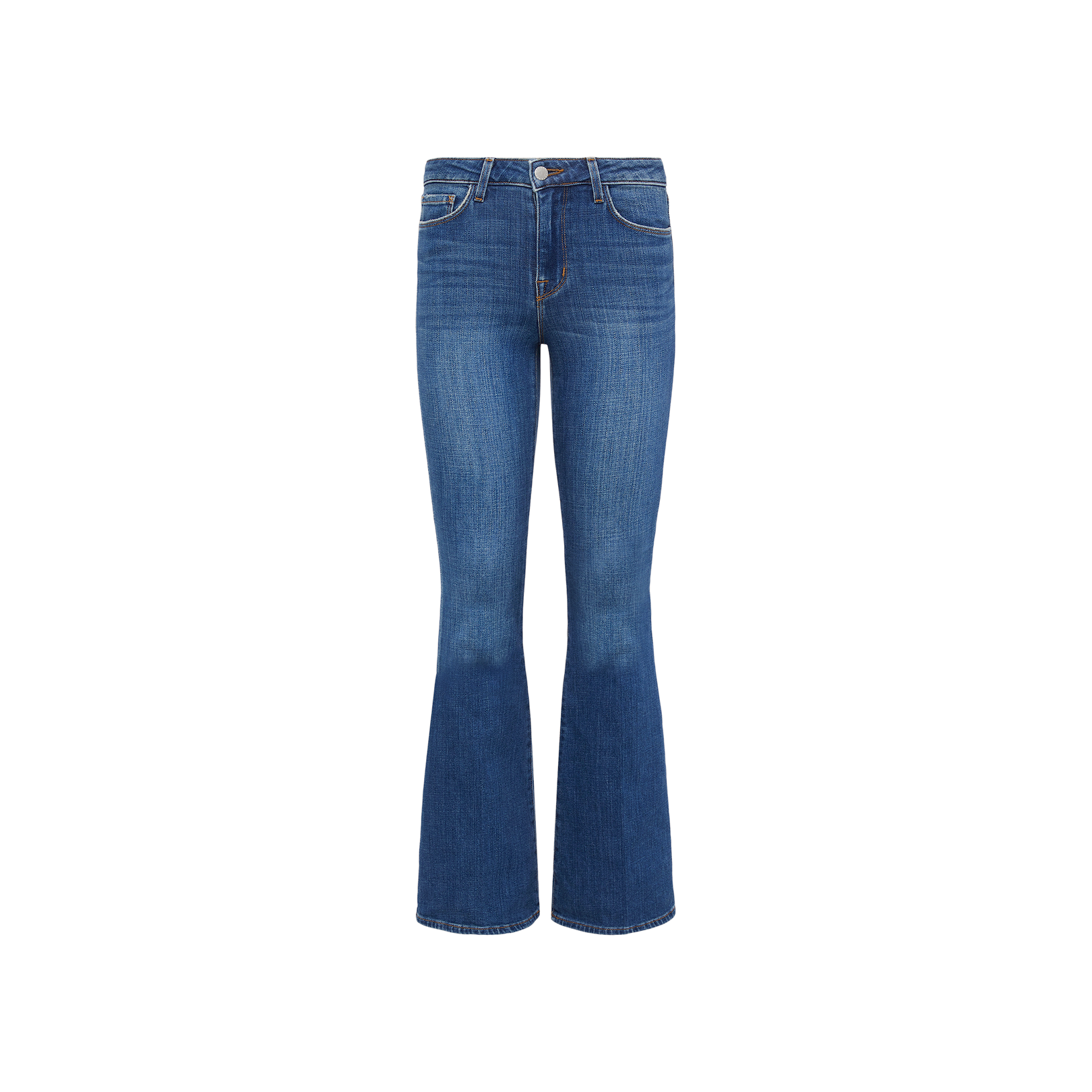 The Bell Flare Jean is a pair of vintage-inspired blue denim bootcut jeans, featuring a button and zipper closure, front and back pockets, and crafted from premium stretch denim, displayed on a white background.