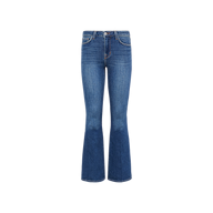 The Bell Flare Jean is a pair of vintage-inspired blue denim bootcut jeans, featuring a button and zipper closure, front and back pockets, and crafted from premium stretch denim, displayed on a white background.