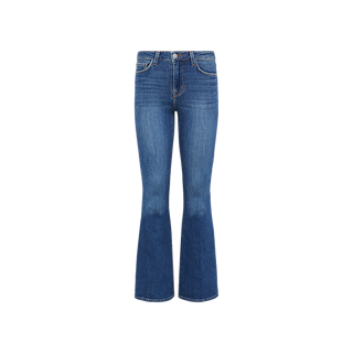 Introducing the Bell Flare Jean: a pair of premium stretch denim bootcut jeans in blue, featuring a classic button and zip closure with front and back pockets, displayed on a plain white background.