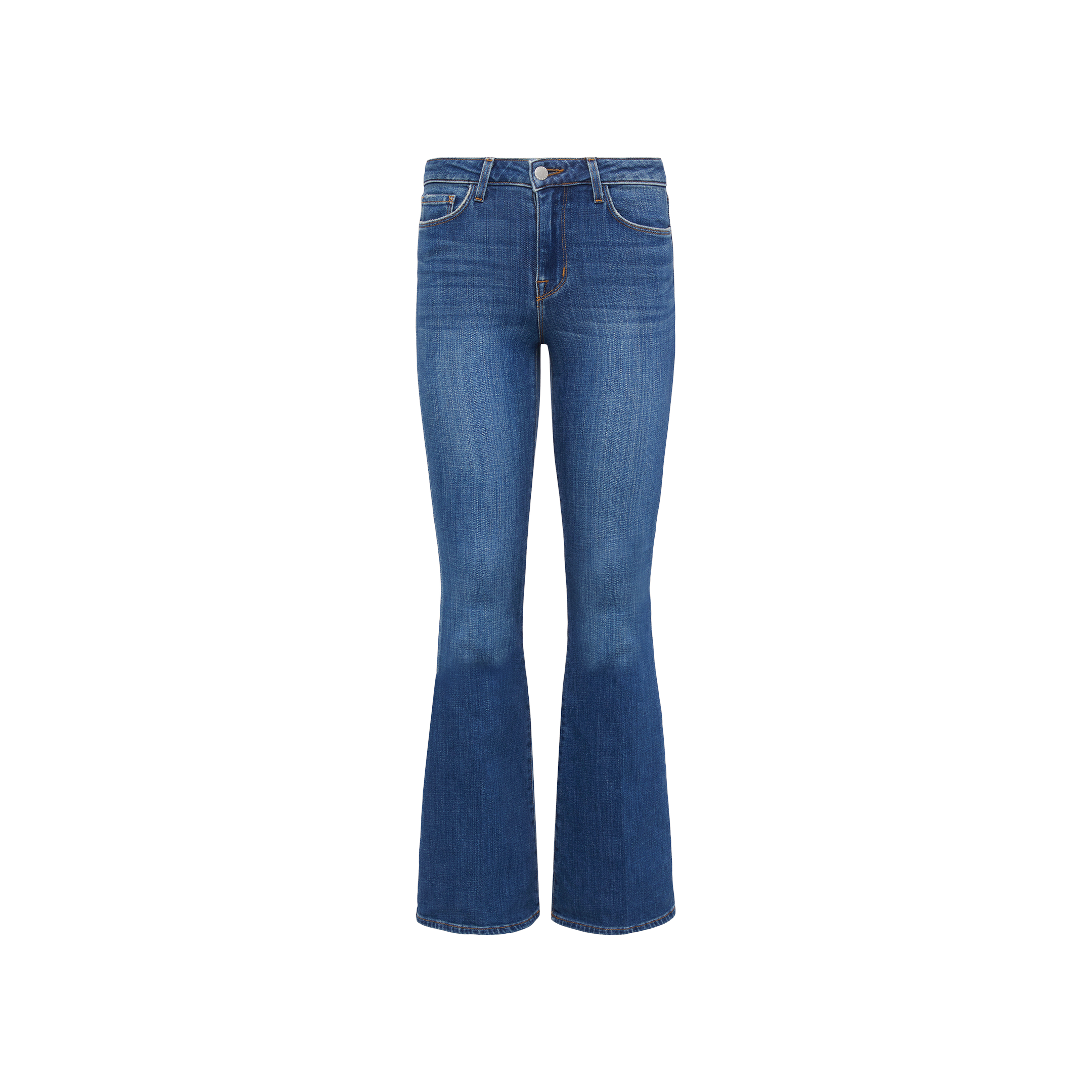 The Bell Flare Jean is a pair of vintage-inspired blue denim bootcut jeans, featuring a button and zipper closure, front and back pockets, and crafted from premium stretch denim, displayed on a white background.