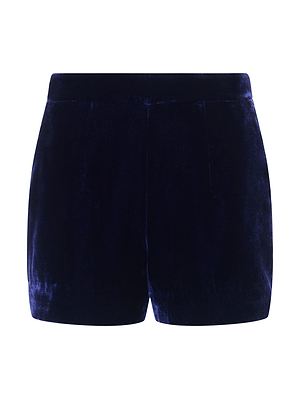 The Ashton Velvet Short by L'AGENCE features high-waisted navy midnight blue velvet with a fitted waistband and smooth, soft texture—perfect for eveningwear—shown against a white background.