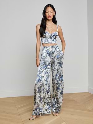 L'AGENCE Lillian Silk Wide Leg Women Pants - Gray Watercolor Butterfly L'AGENCE Lillian Silk Wide Leg Women Pants - Gray Watercolor Butterfly