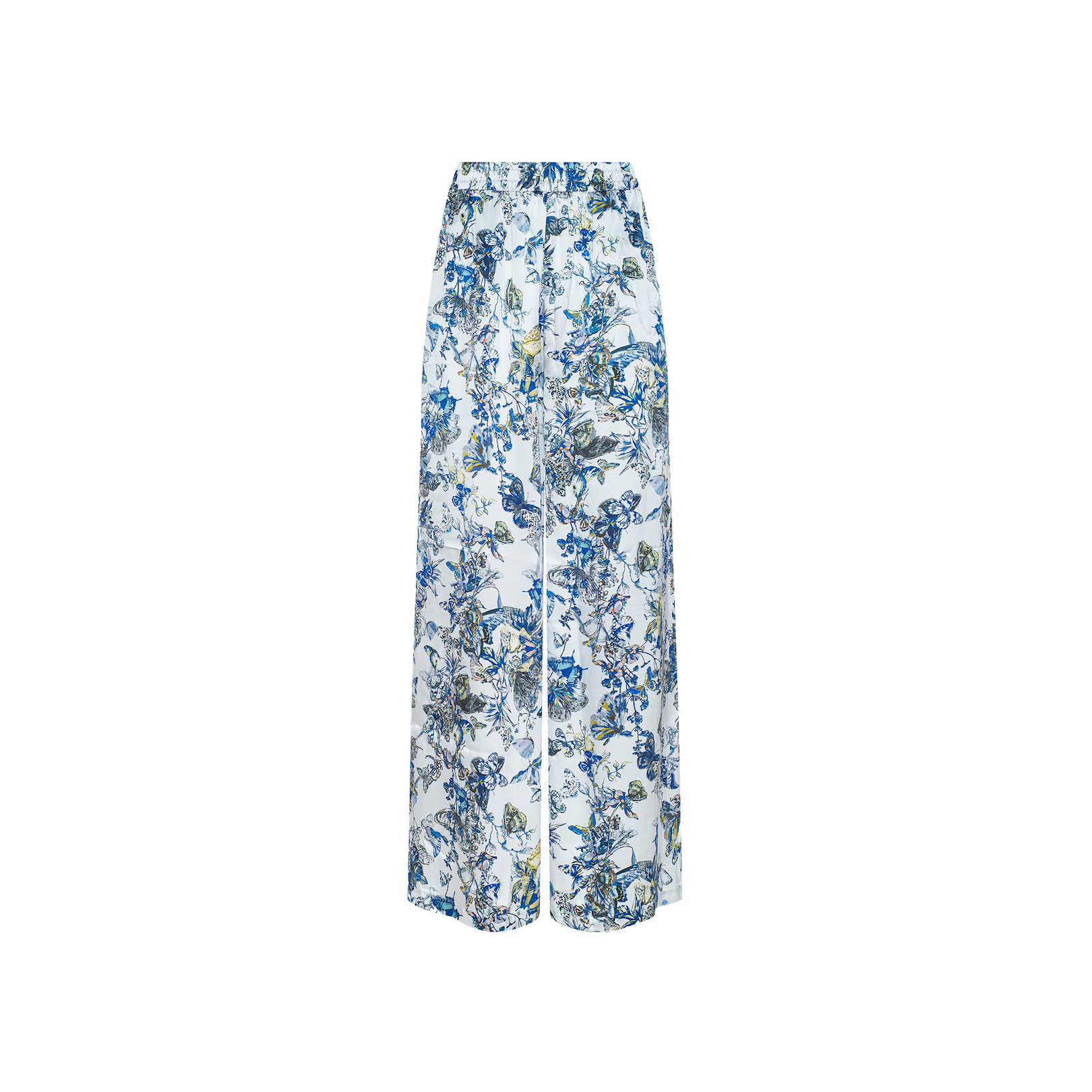 Lillian Silk Wide-Leg Pant with a white base, decorated with a blue floral and butterfly print, displayed on a plain white background. These pants feature an elasticized waistband and a relaxed fit for effortless style.
