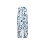 Lillian Silk Wide-Leg Pant with a white base, decorated with a blue floral and butterfly print, displayed on a plain white background. These pants feature an elasticized waistband and a relaxed fit for effortless style.