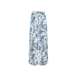 Lillian Silk Wide-Leg Pant with a white base, decorated with a blue floral and butterfly print, displayed on a plain white background. These pants feature an elasticized waistband and a relaxed fit for effortless style.
