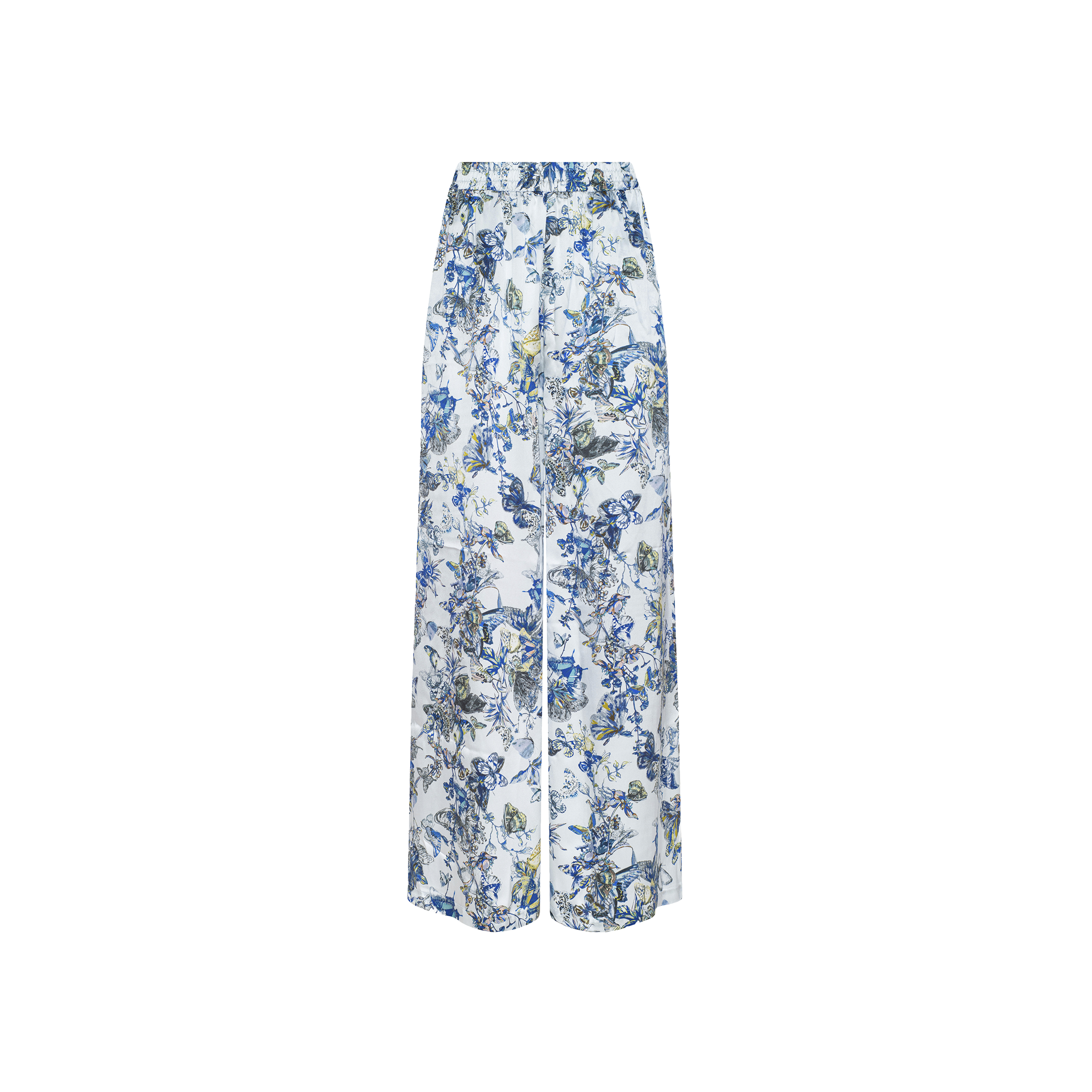 Lillian Silk Wide-Leg Pant with a white base, decorated with a blue floral and butterfly print, displayed on a plain white background. These pants feature an elasticized waistband and a relaxed fit for effortless style.