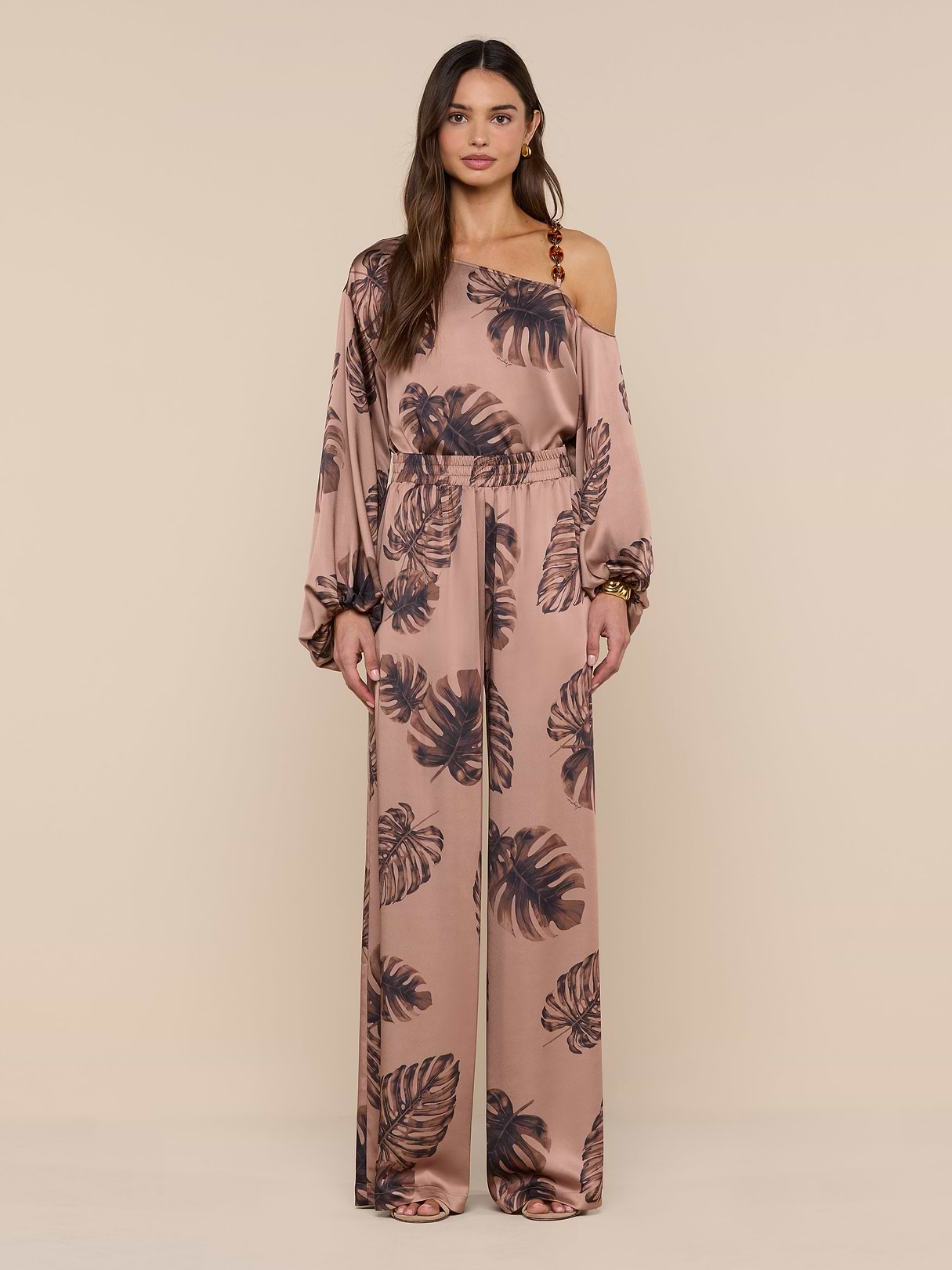 Lillian Satin Pant in Hazelnut Multi Large Palm | L'AGENCE