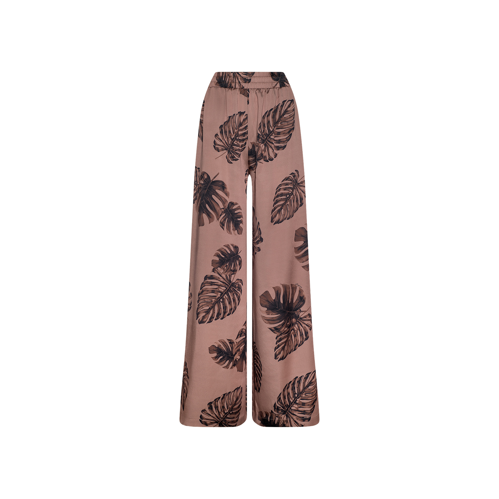 The Lillian Satin Pant in light brown features a black palm leaf print and is shown against a plain white background.
