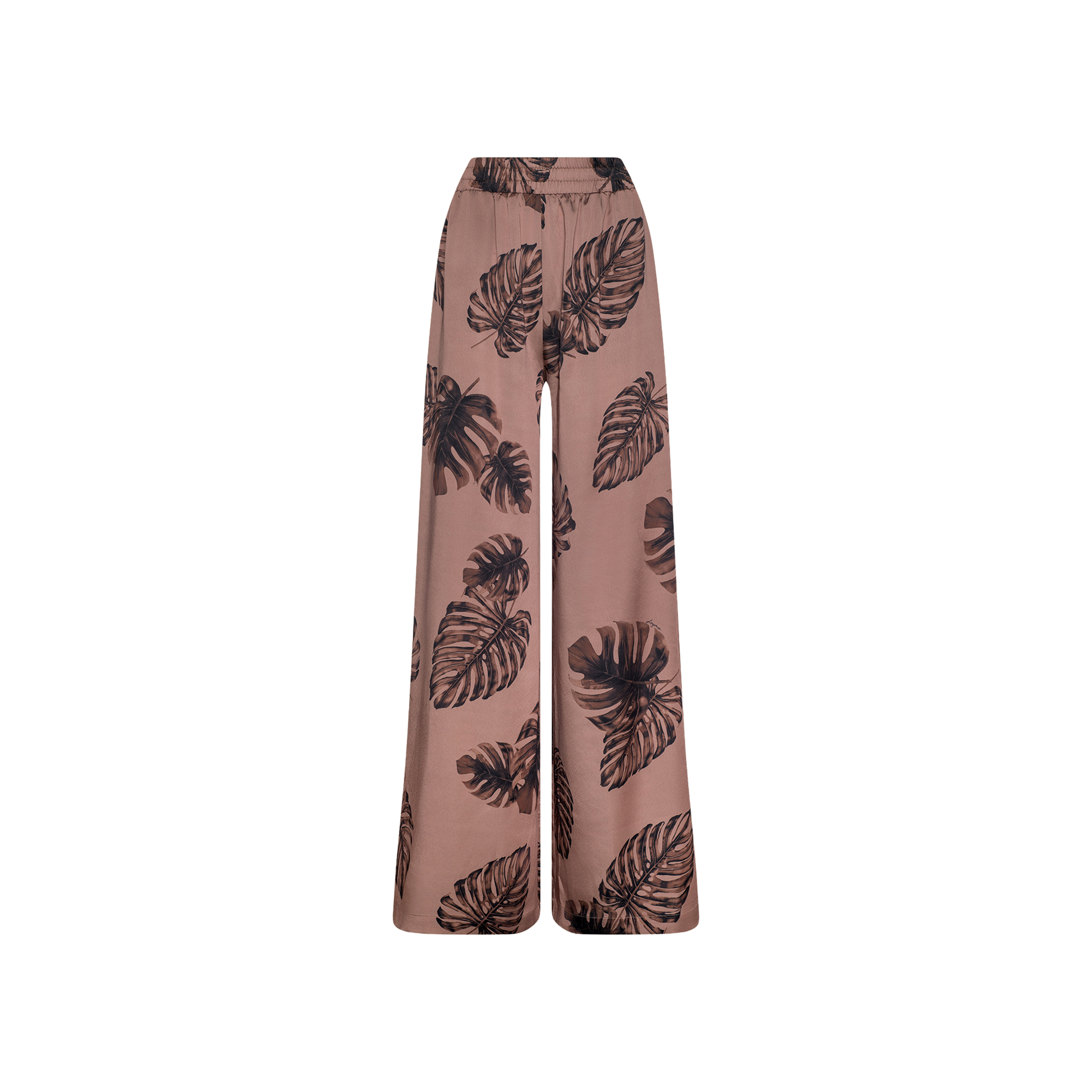 Lillian Satin Pant: Ultra-wide, high-waisted satin trousers in light brown with a black palm leaf print, displayed against a plain white background.