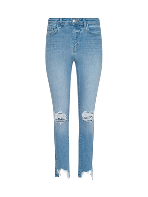 The High Line Distressed Skinny Jean in light blue features a high rise, classic stretch denim, distressed knees, and frayed ankle hems, shown against a white background.