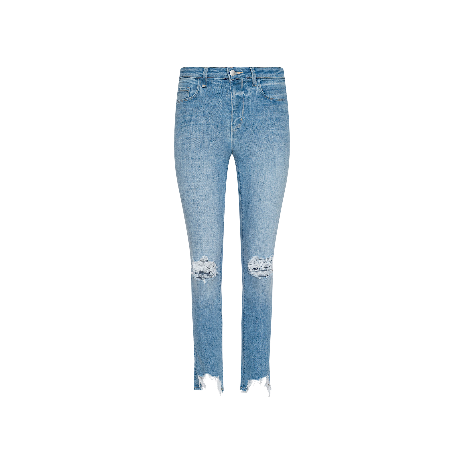 High Line Distressed Skinny Jean in a light blue vintage wash, featuring skinny fit, distressed rips at the knees, and frayed hems, photographed against a plain white background.