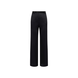 The Pilar Silk Wide-Leg Pant, shown from the back in black with a high-waisted, wide-leg silhouette, is displayed on a plain white background.
