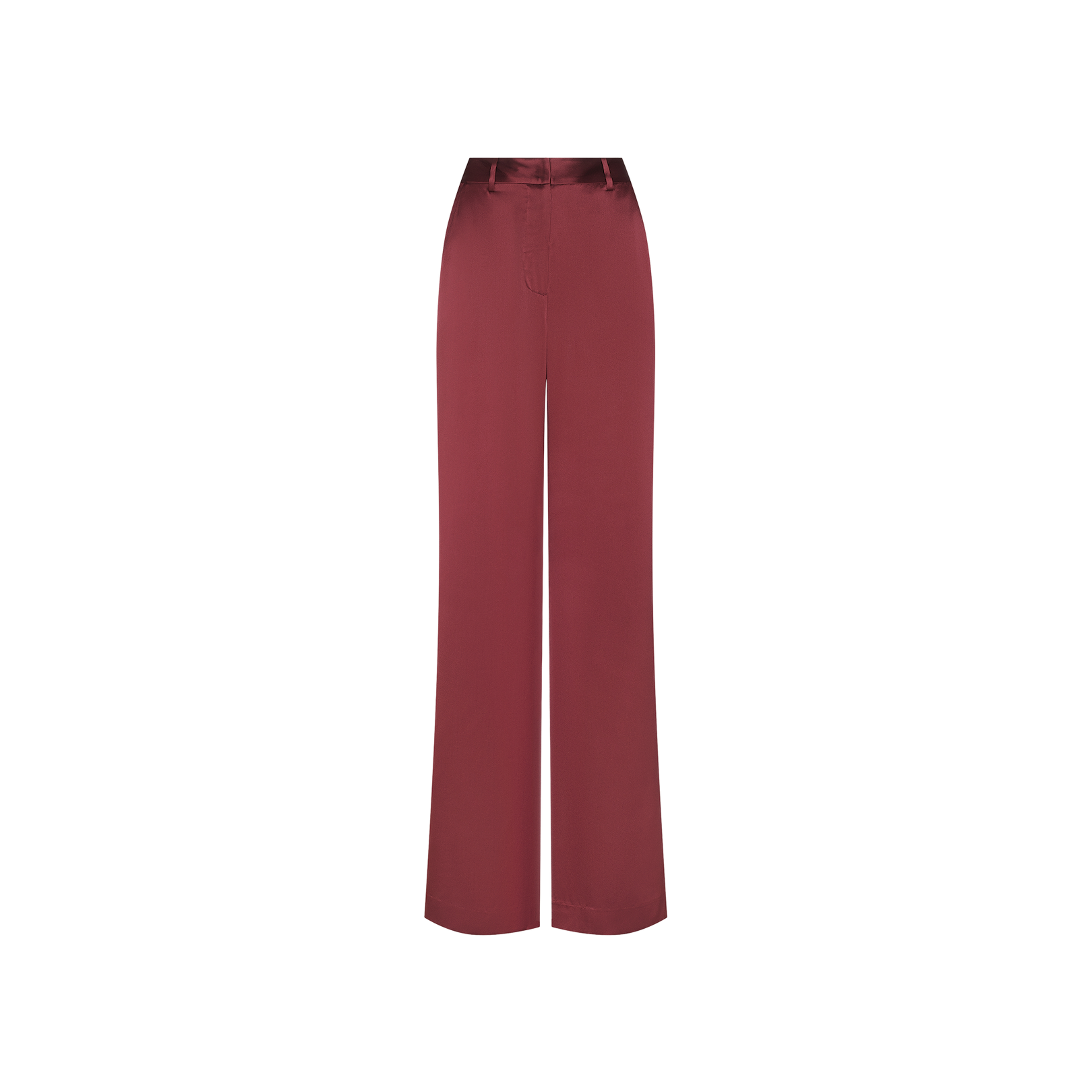 The Pilar Silk Wide-Leg Pant, a high-waisted silk trouser in deep burgundy, is displayed against a plain white background.